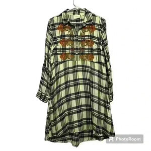 Maeve by Anthropologie Gia Medium Black Plaid Orange Embroidered Dress w/Pockets